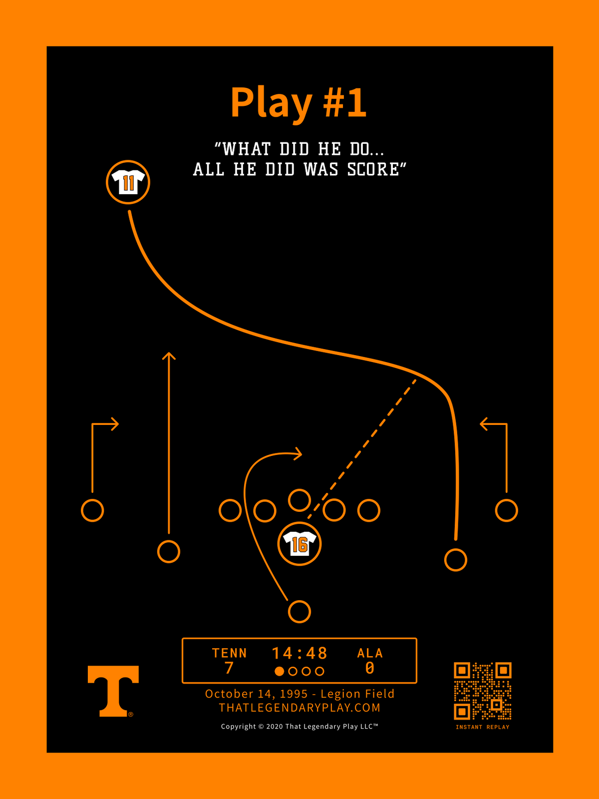 Play No. 1 Dark Mode print signed by Joey Kent, black colorway - Manning to Kent TD vs Alabama, 18x24