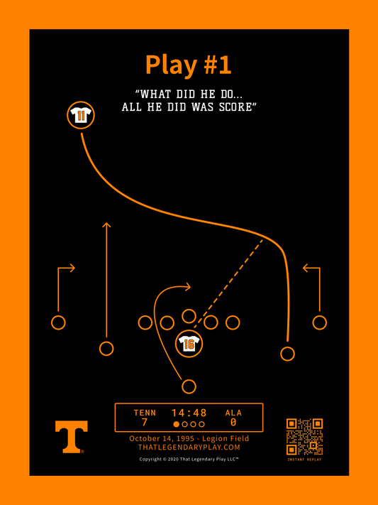 Play No. 1 Dark Mode print signed by Joey Kent, black colorway - Manning to Kent TD vs Alabama, 18x24